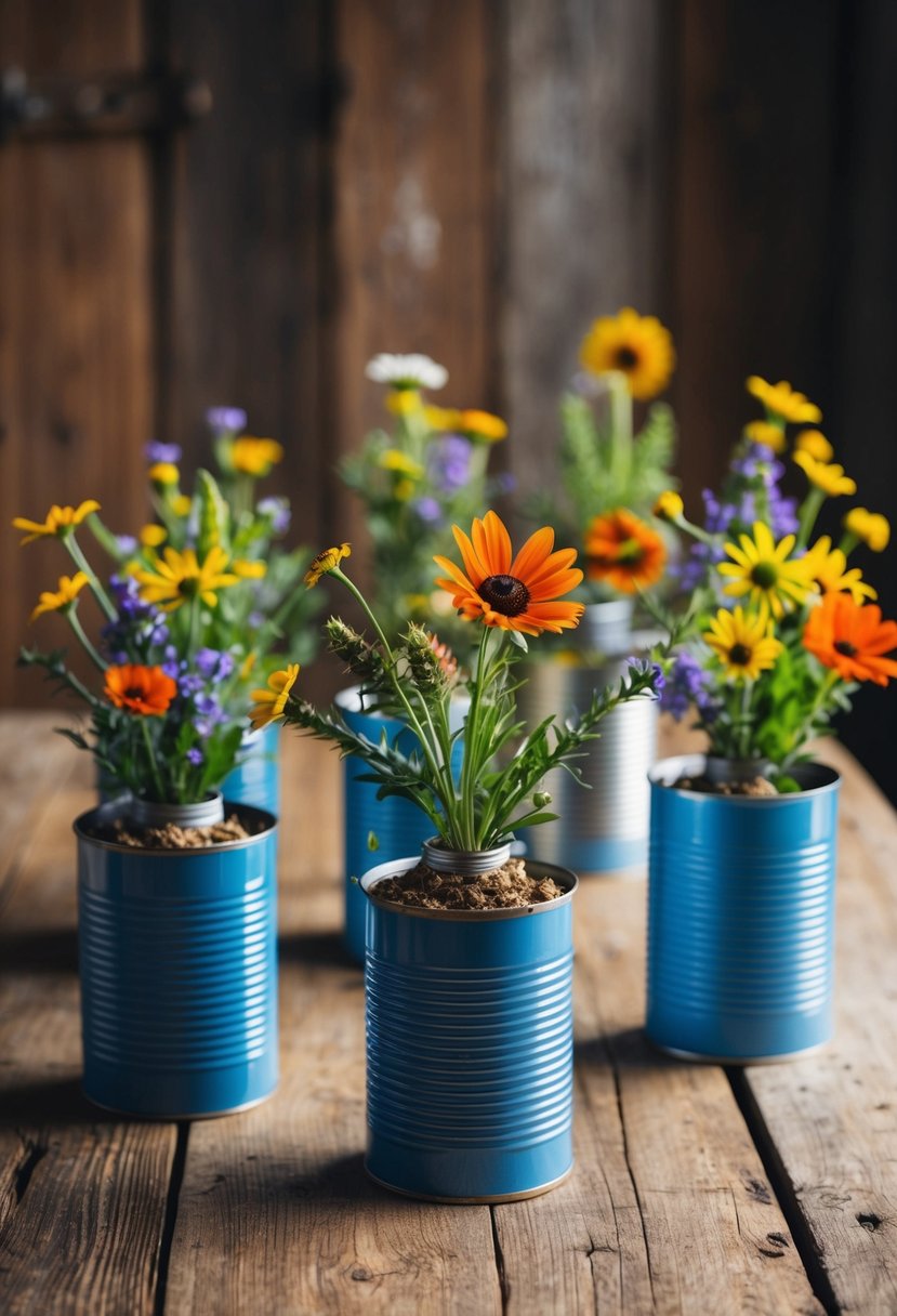 Wildflowers arranged in tin cans on a rustic wooden table