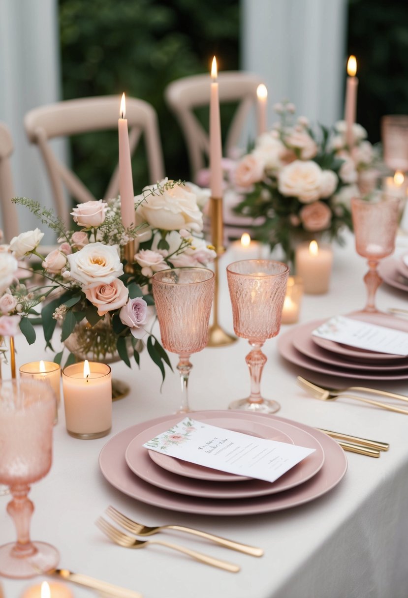 Blush-hued glassware arranged on a wedding table, adorned with delicate flowers and candles, creating an elegant and romantic ambiance