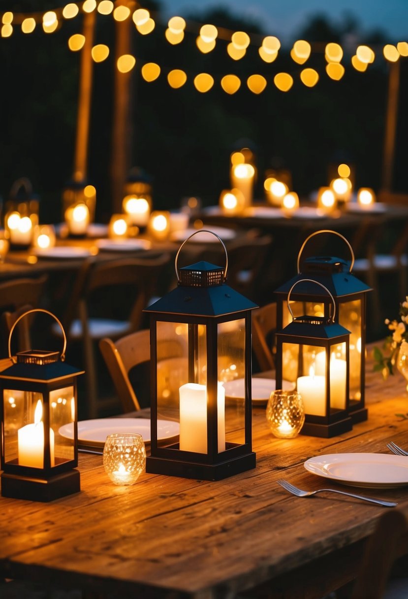 Several lanterns with LED candles illuminate a rustic wedding table, creating a warm and romantic ambiance