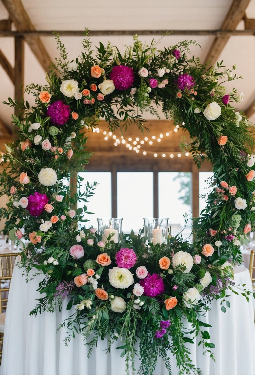 A large floral wreath adorns the center of a wedding table, with vibrant blooms and greenery cascading from the edges