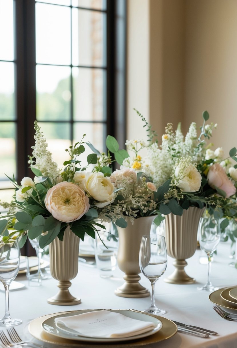 A wedding table adorned with lifelike silk flowers in the bride and groom's chosen colors, arranged in elegant vases and complemented by delicate greenery