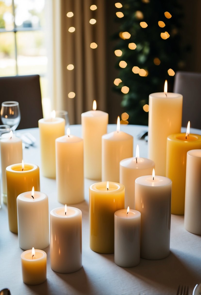 A variety of pillar candles in different sizes arranged on a table for a budget-friendly wedding centerpiece