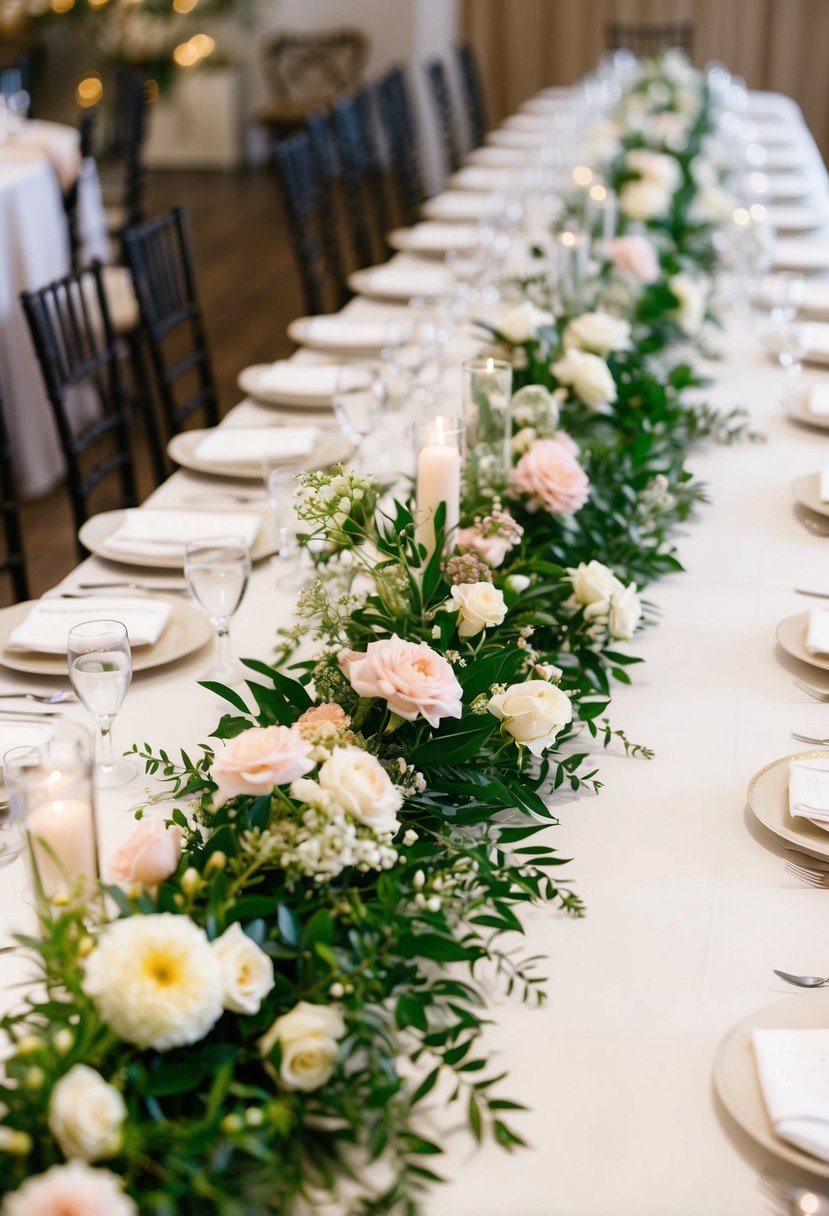 A long flower garland draping across a wedding table, with delicate blooms and greenery creating a romantic and elegant centerpiece