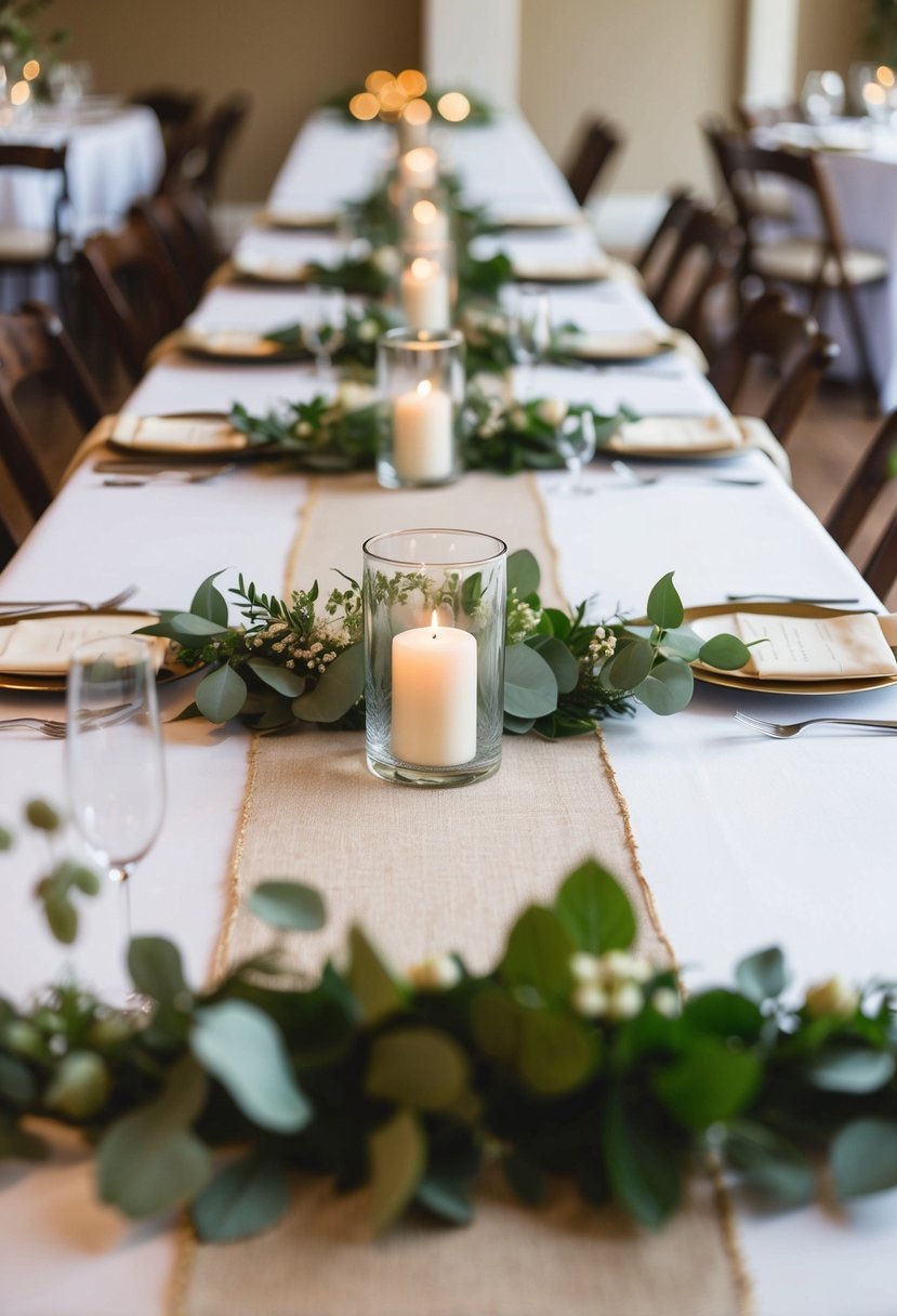 Fabric runners adorned with faux greenery on wedding tables