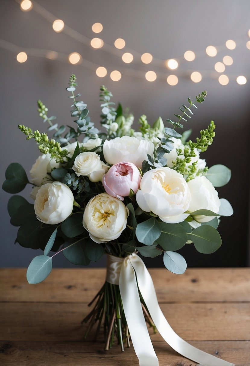 A lush bouquet of white roses, peonies, and eucalyptus tied with a satin ribbon