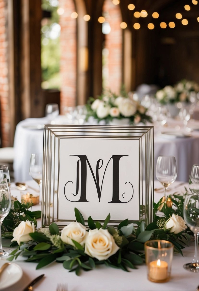 A beautifully decorated wedding table with a custom monogram sign as the centerpiece