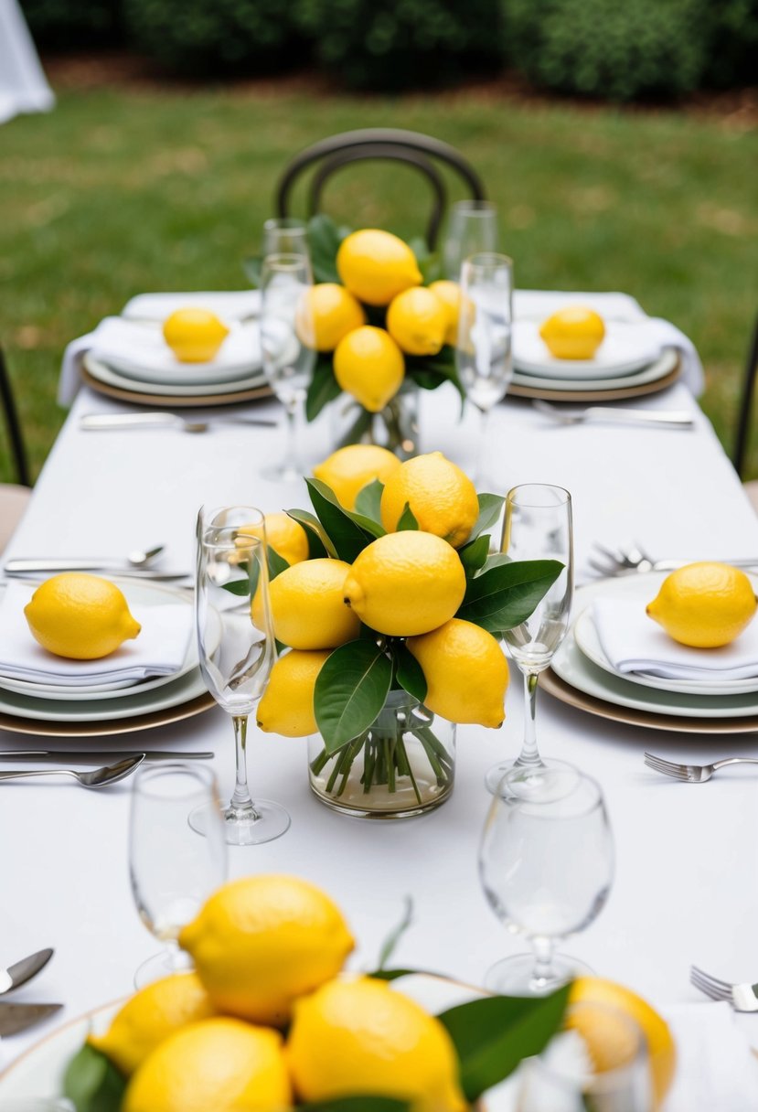 A table set with lemon centerpieces, surrounded by white linens and simple dinnerware