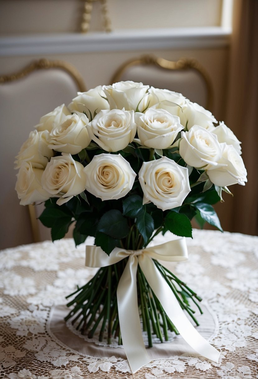 A lush bouquet of classic white garden roses, tied with a satin ribbon, sits atop a vintage lace tablecloth