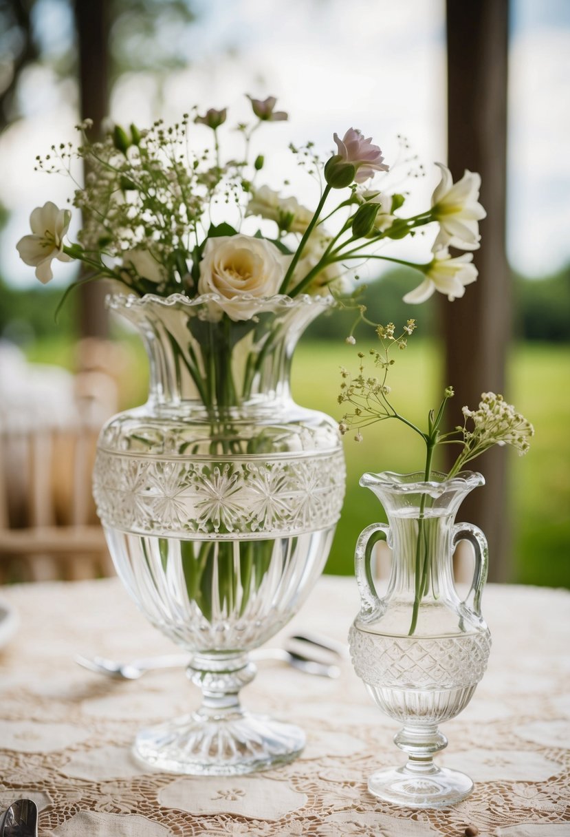 A vintage crystal vase sits on a lace-covered table, filled with delicate blooms. A smaller vase complements the larger one, creating an elegant centerpiece for a bride and groom's wedding table