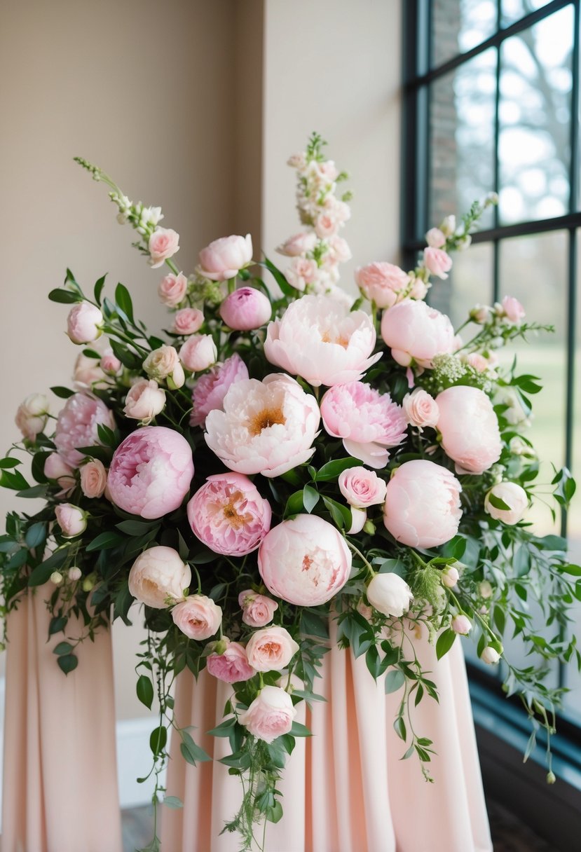 A lush bouquet of pastel pink peonies and roses arranged in an elegant, cascading design