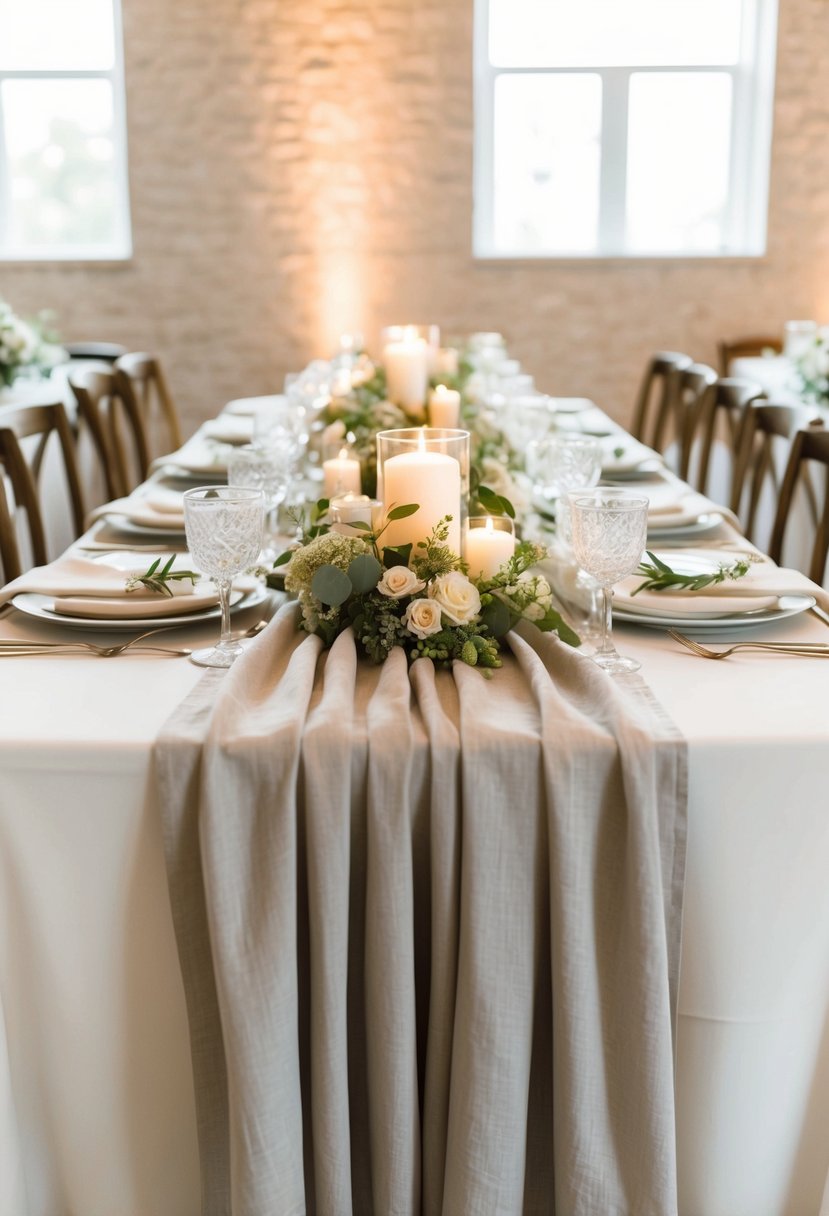 A soft linen table runner drapes elegantly across a wedding table, adorned with delicate floral arrangements and candlelight