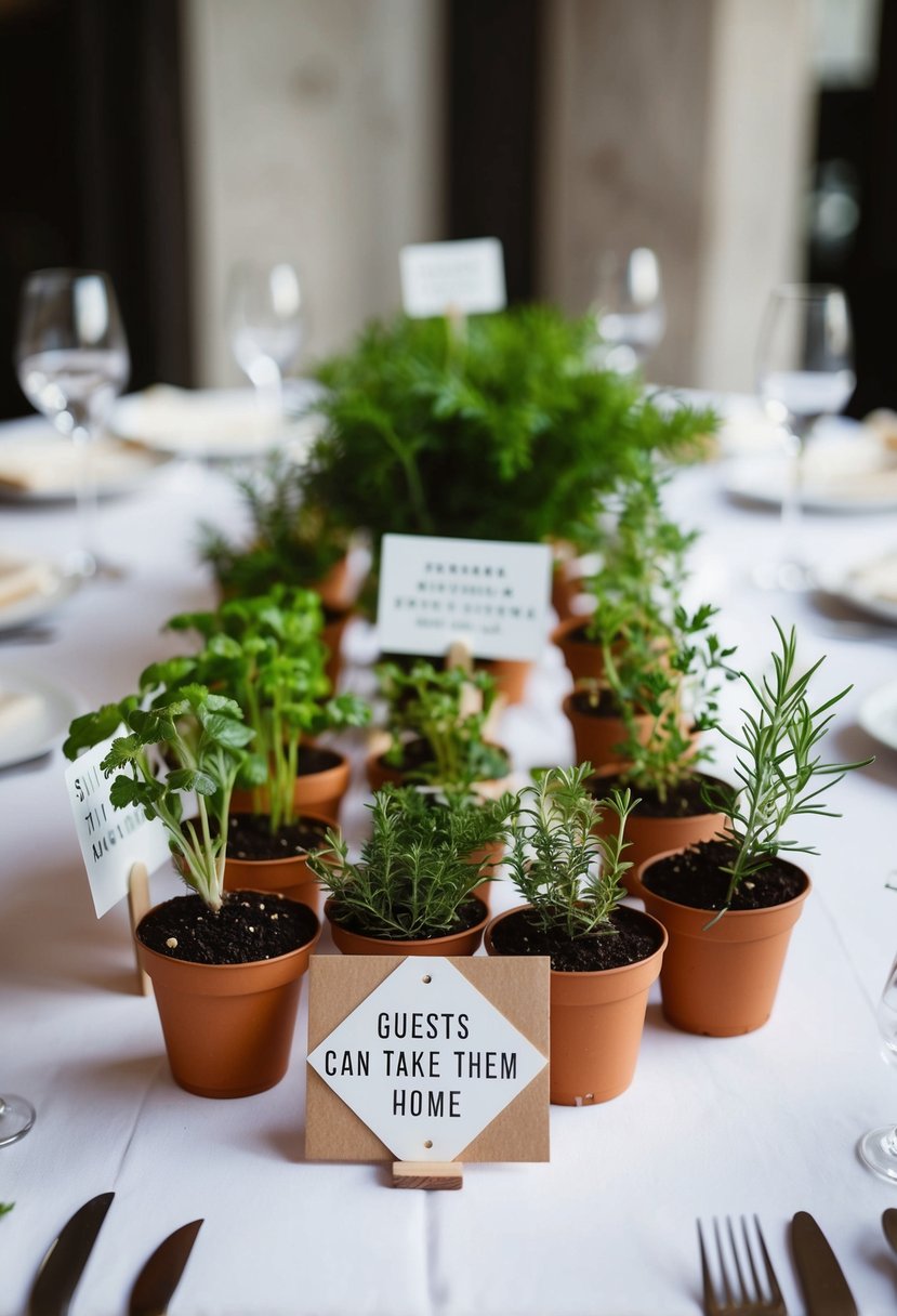 Small potted herbs arranged on wedding tables, with signs indicating guests can take them home