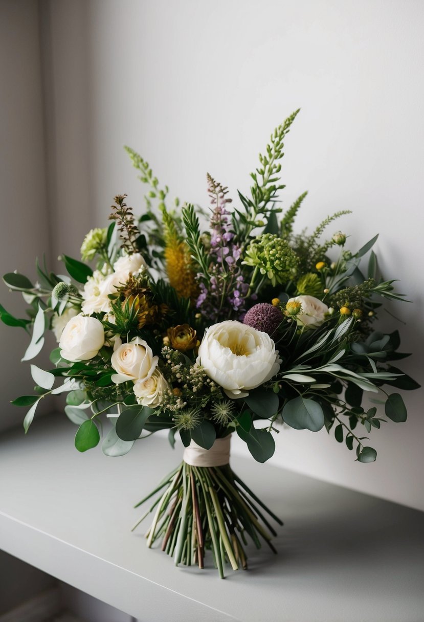 An organic bouquet of assorted flowers and greenery arranged in an elegant and sophisticated manner, perfect for a wedding