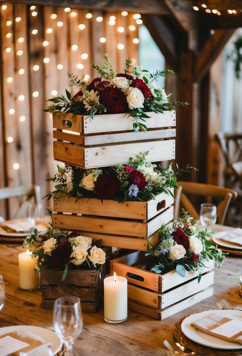 Wooden crates stacked with flowers and candles adorn rustic wedding tables