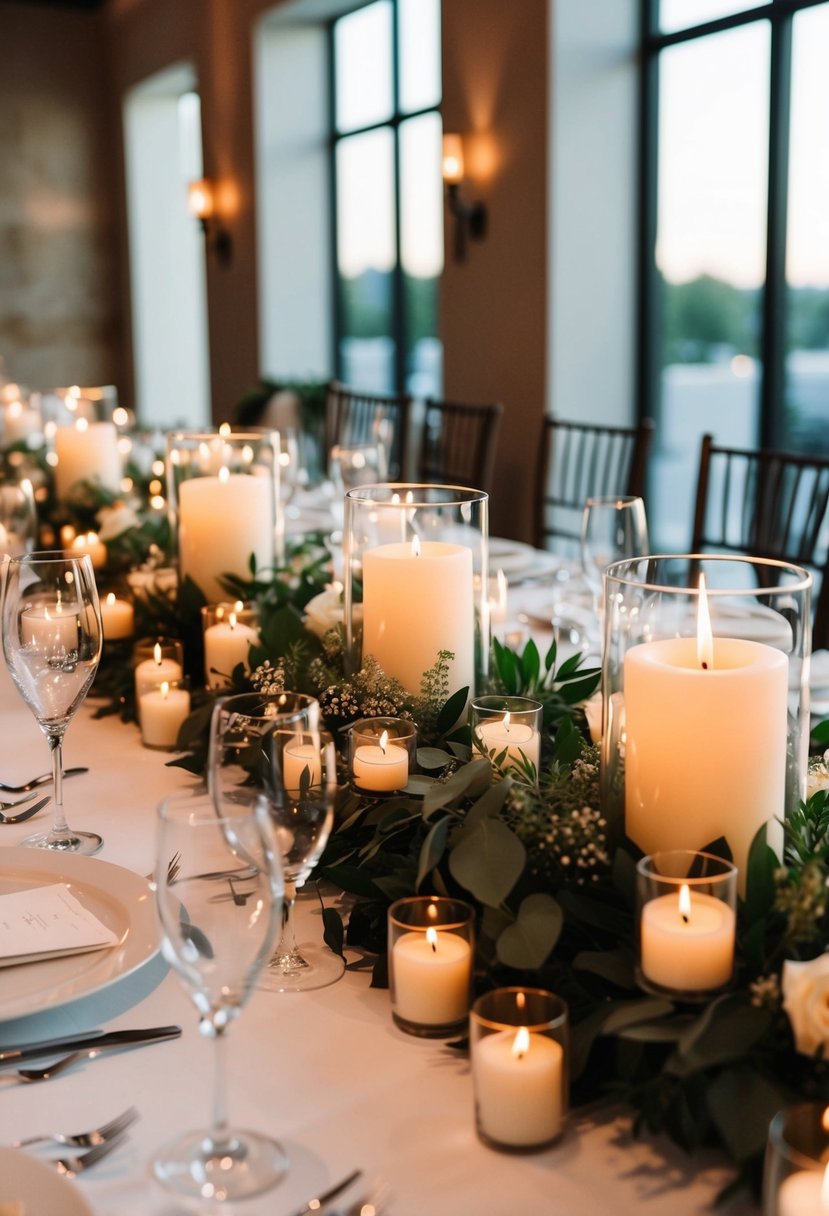 A table adorned with clusters of romantic candle arrangements for a bride and groom's wedding reception