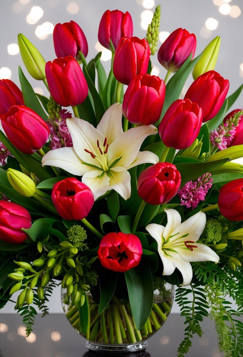 A vibrant bouquet of bold red tulips and elegant lilies arranged in a cascading style, with lush greenery and delicate filler flowers