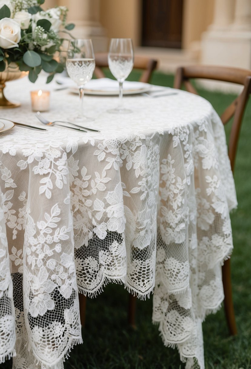 A lace overlay drapes over a wedding table, adorned with delicate handmade details, creating an elegant and romantic atmosphere for the bride and groom