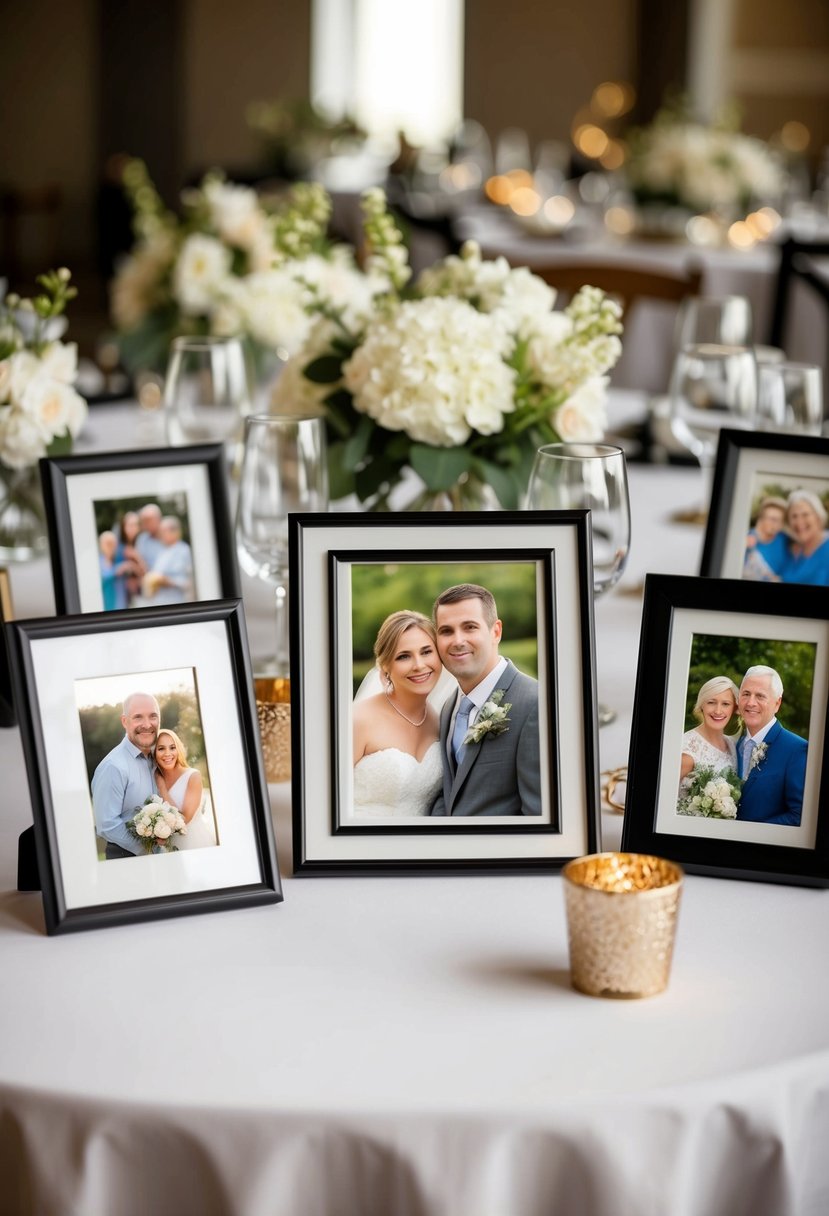 A table adorned with various picture frames containing family photos, serving as affordable and sentimental wedding decorations