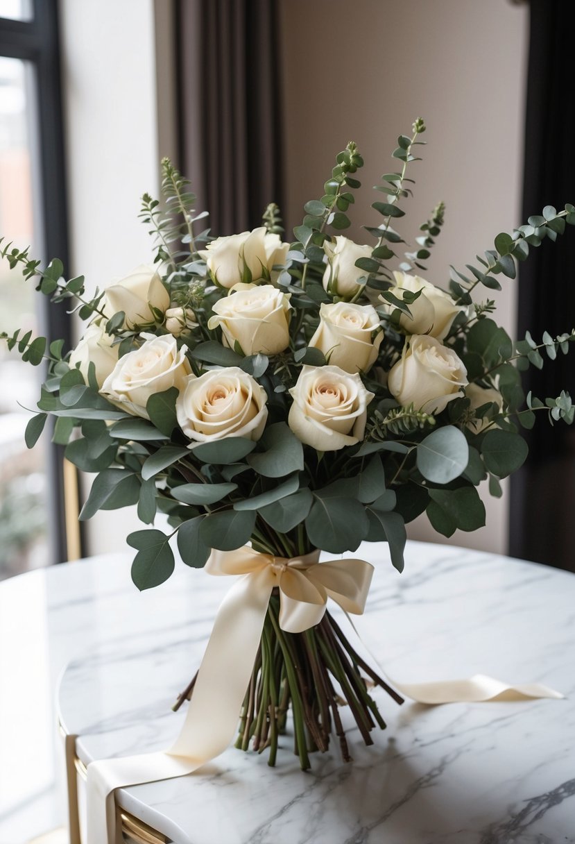 A lush bouquet of ivory roses and eucalyptus, tied with a satin ribbon, sits on a marble table