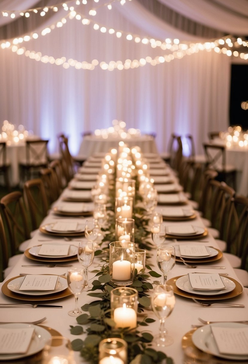 A table adorned with delicate fairy lights, creating a romantic glow for a bride and groom's wedding celebration