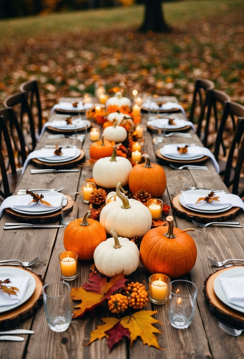 A rustic wooden table adorned with small pumpkins, autumn leaves, and candles, creating a cozy centerpiece for a fall wedding