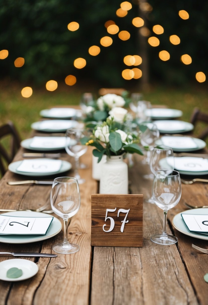 A rustic wooden table with numbered decorations for a wedding