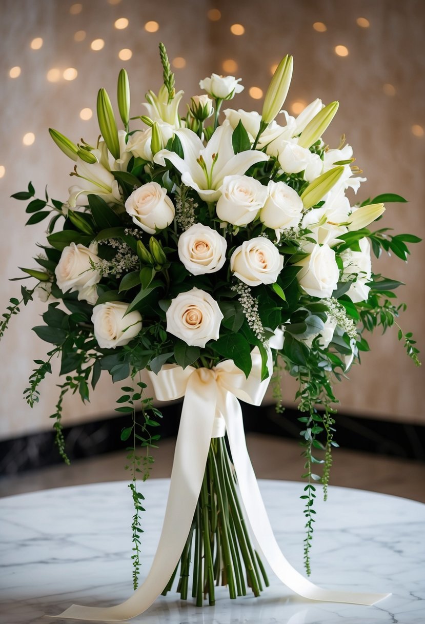 A cascading bouquet of white roses, lilies, and greenery, tied with a satin ribbon, sits on a marble table