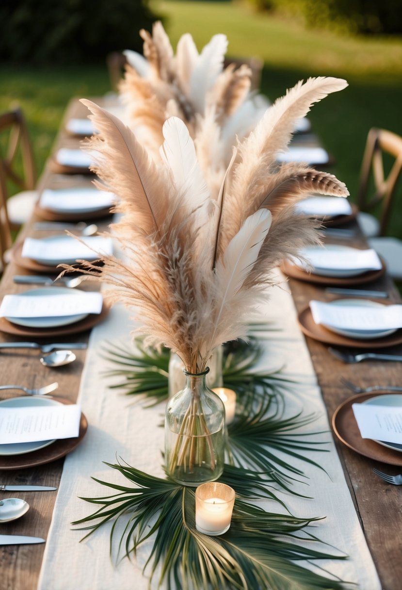 A rustic table adorned with feather and pampas grass arrangements, creating a simple and elegant wedding centerpiece