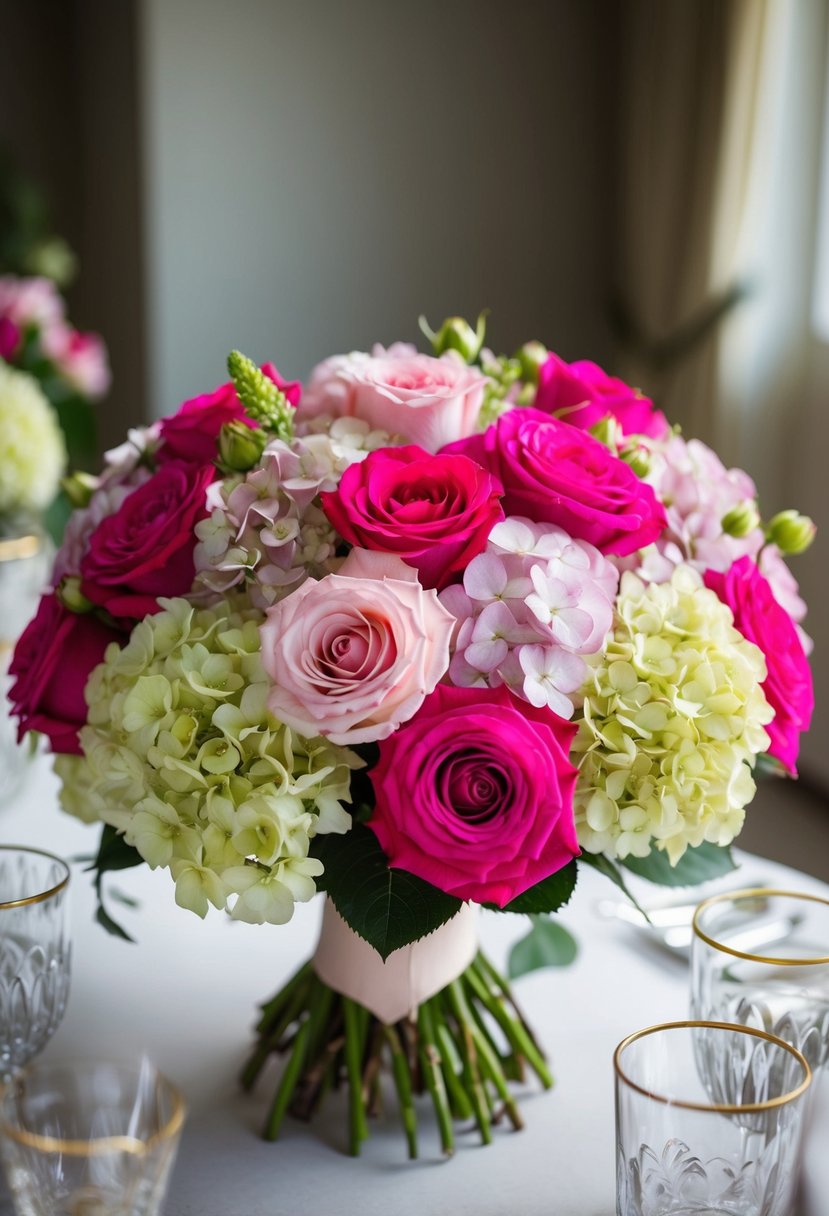 A lush bouquet of vibrant roses and delicate hydrangeas arranged in an elegant and romantic style