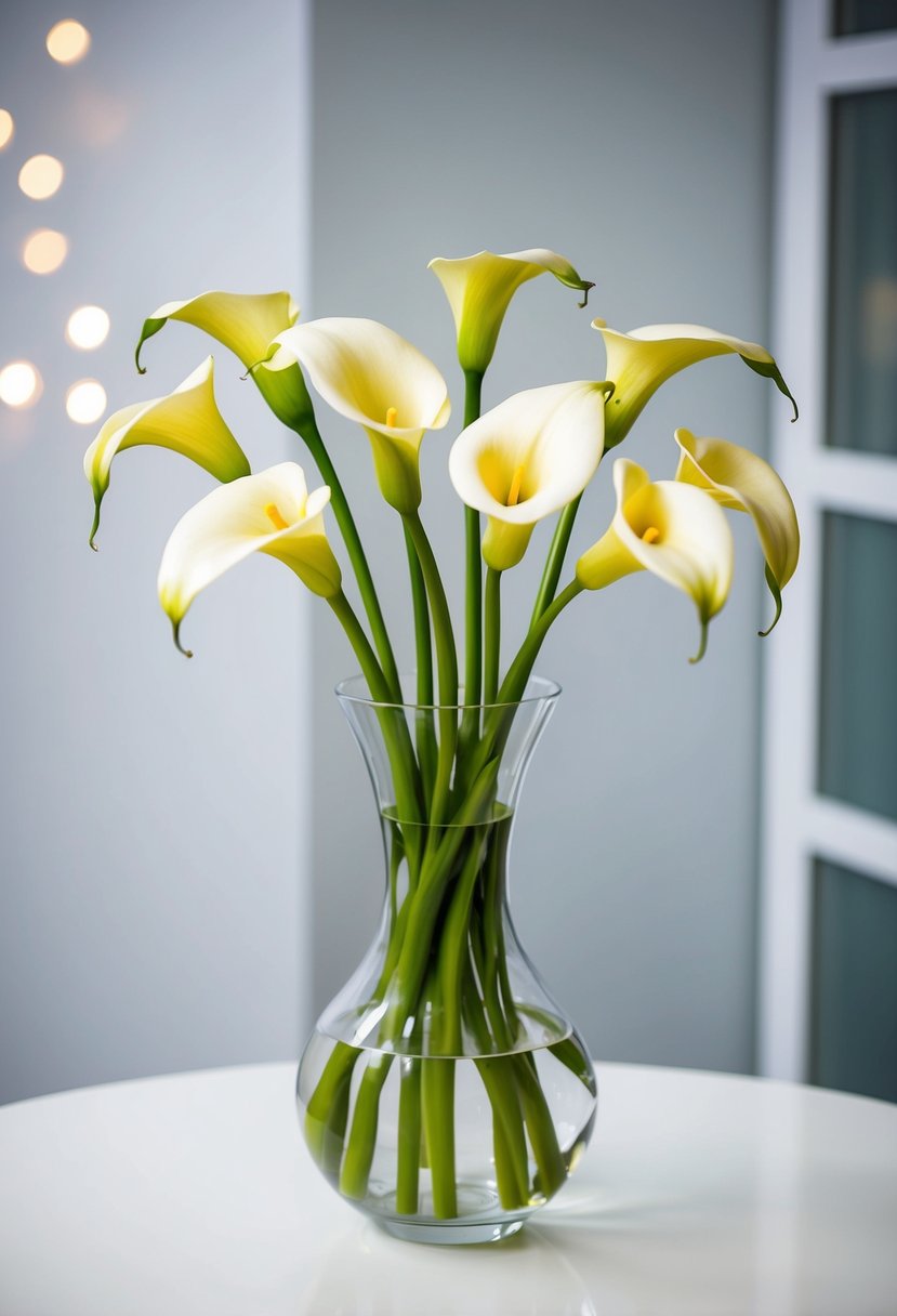 A simple, elegant bouquet of calla lilies in a clear glass vase