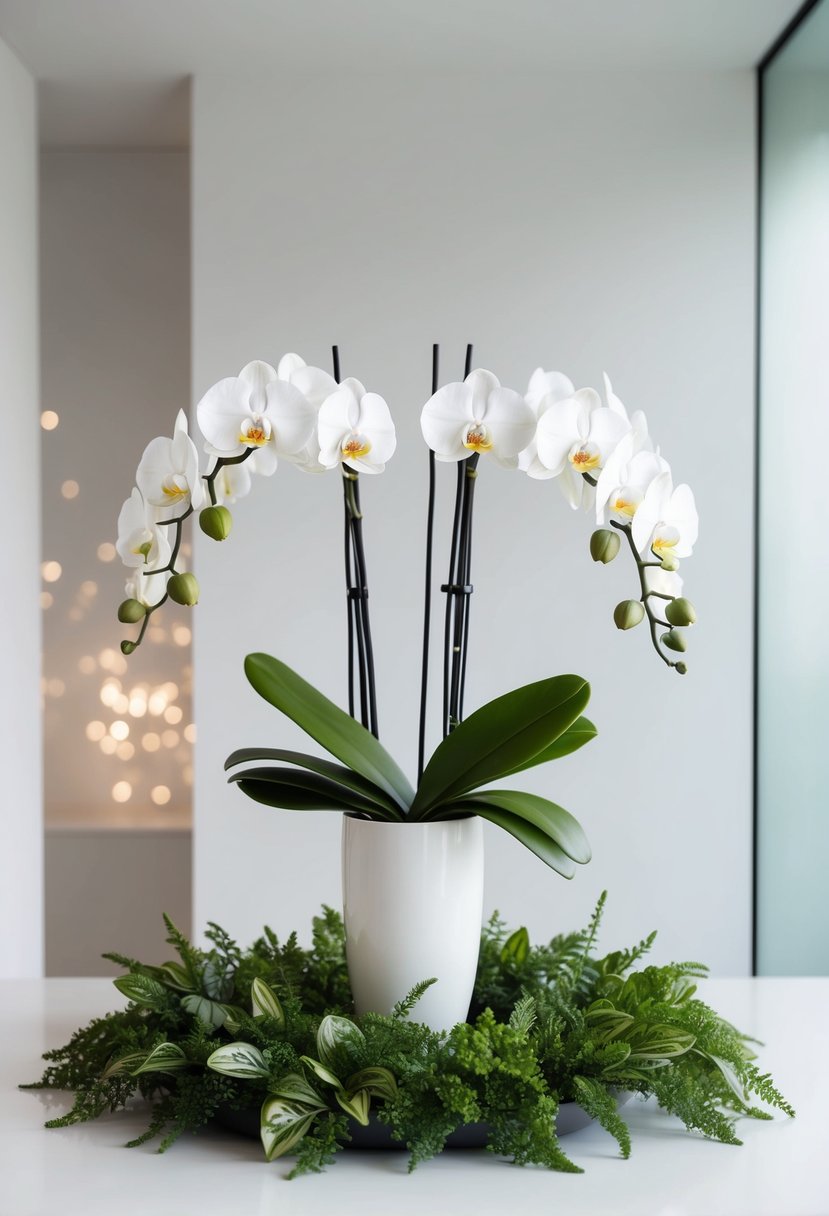 A modern orchid arrangement in a sleek vase, surrounded by lush greenery and set against a clean, minimalist backdrop