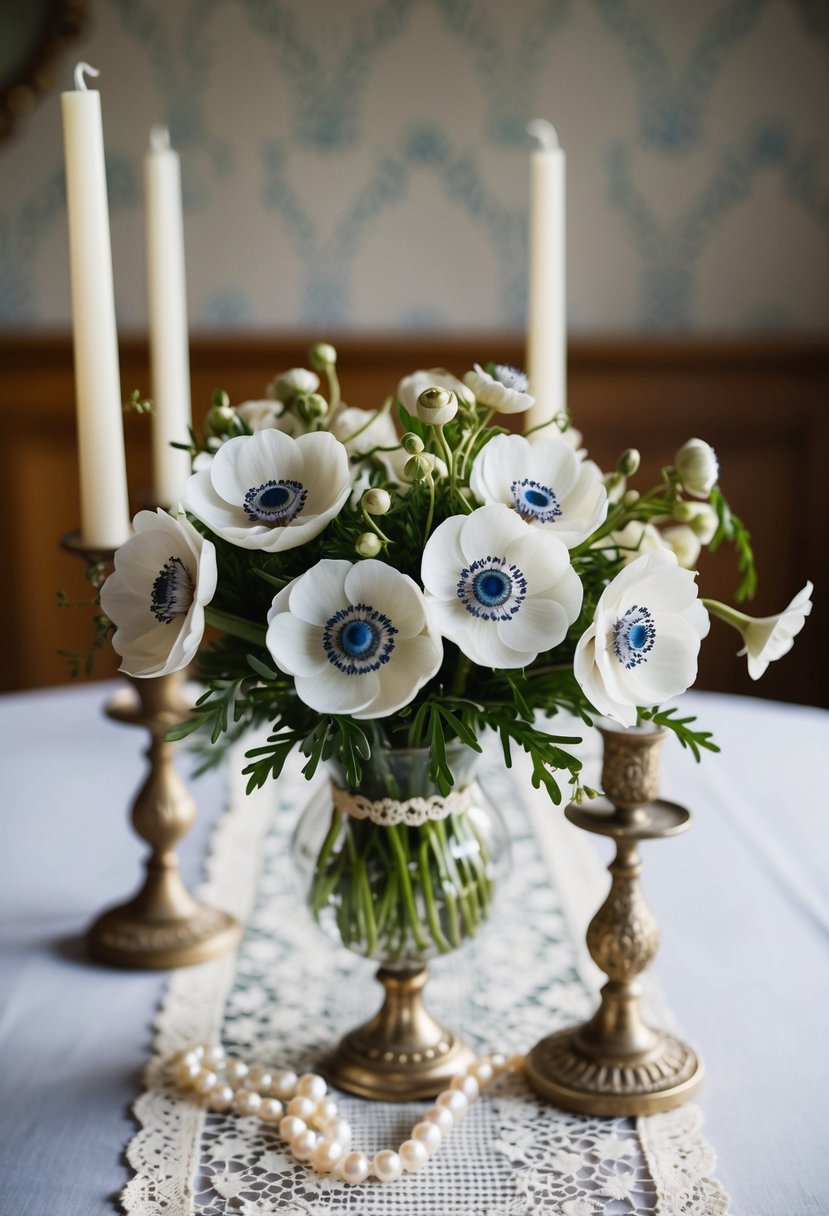 A vintage-inspired anemone bouquet sits on a lace table runner, surrounded by delicate pearl accents and antique candle holders