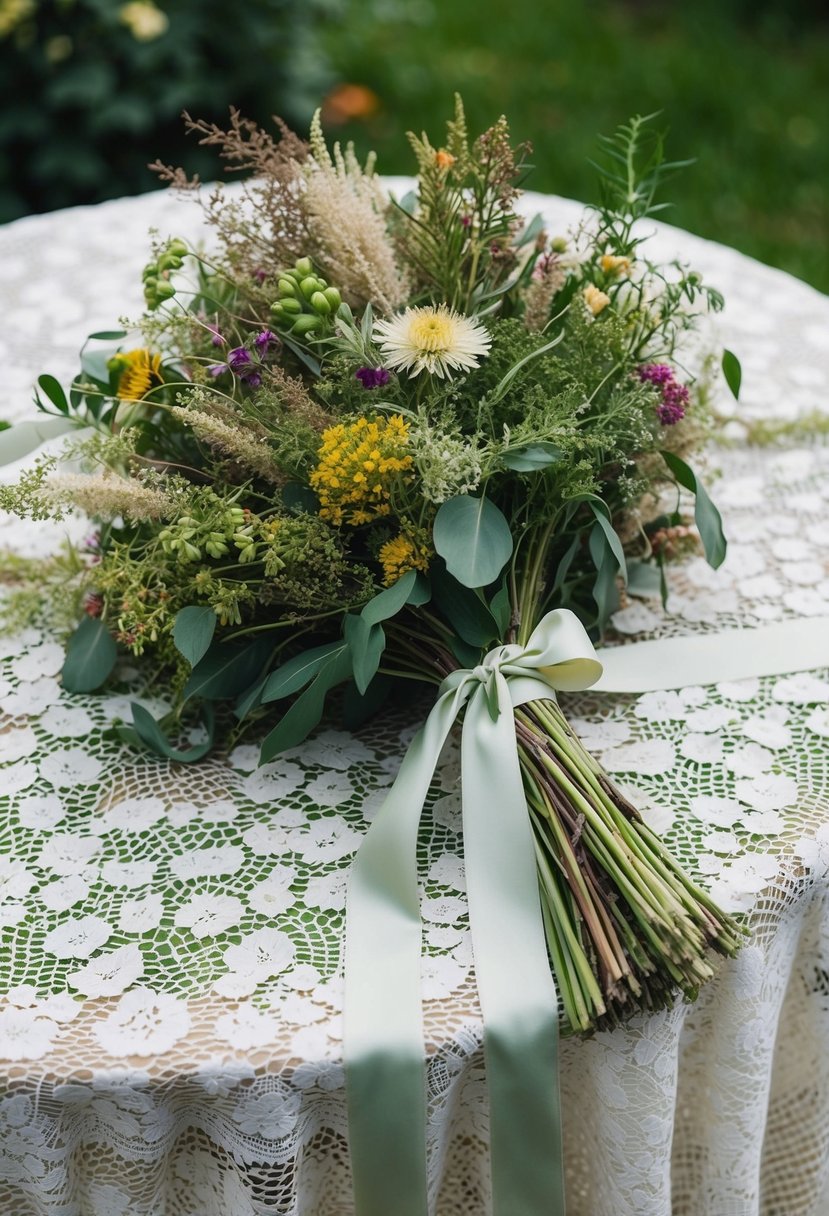 A lush, untamed bouquet of wildflowers and greenery, tied with flowing ribbons, rests on a vintage lace tablecloth