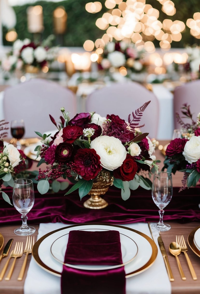 A burgundy-themed wedding table with floral centerpieces, velvet table runners, and gold accents