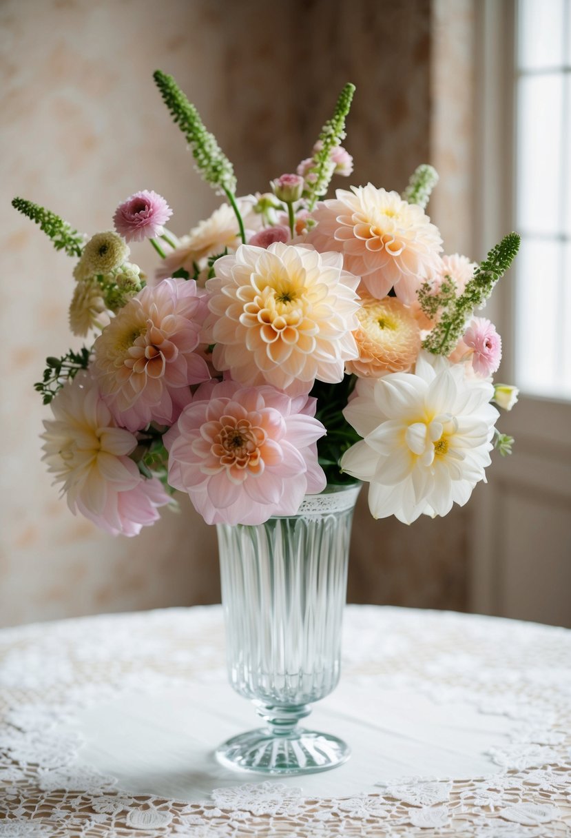 A delicate bouquet of dahlia and ranunculus in soft pastel colors, arranged in a tall crystal vase on a lace-covered table