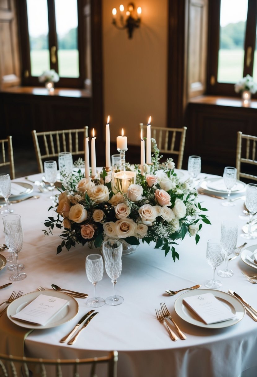 A circular wedding table adorned with elegant floral centerpieces and delicate candle arrangements