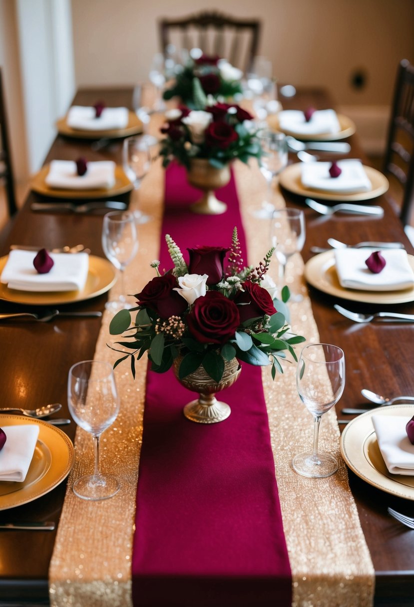 A burgundy and gold table runner lays across a rich wooden table, adorned with elegant burgundy wedding decorations