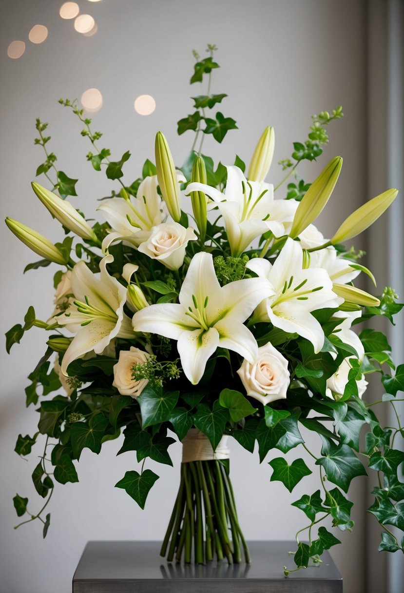 A stunning bouquet of lilies and ivy, arranged in a sophisticated and elegant manner, perfect for a wedding celebration