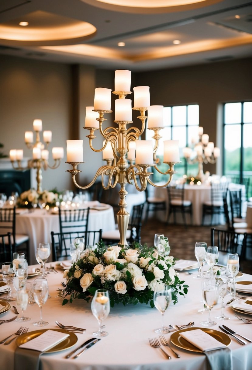 A circular wedding table adorned with elegant candelabra arrangements