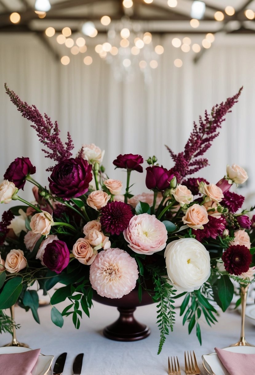 A lush floral centerpiece in shades of blush and burgundy adorns a wedding table