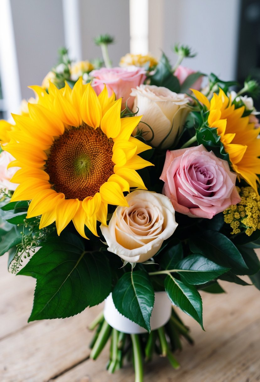 A vibrant sunflower and rose bouquet, arranged in an elegant and romantic pairing, with the sunflower's golden petals complementing the softness of the roses