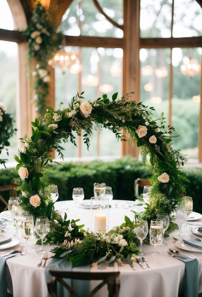 Lush greenery and floral wreaths adorn a circular wedding table