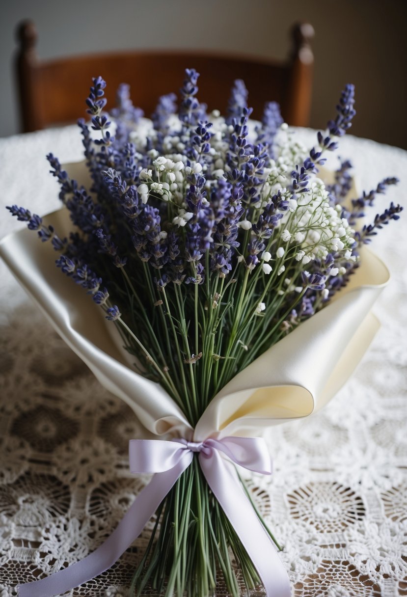 A delicate bouquet of soft lavender and baby's breath, wrapped in satin ribbon, rests on a lace tablecloth