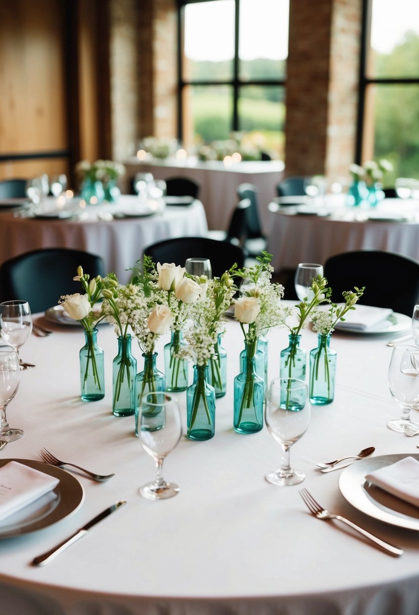 Small bud vases arranged in a cluster on a circular table for wedding decor