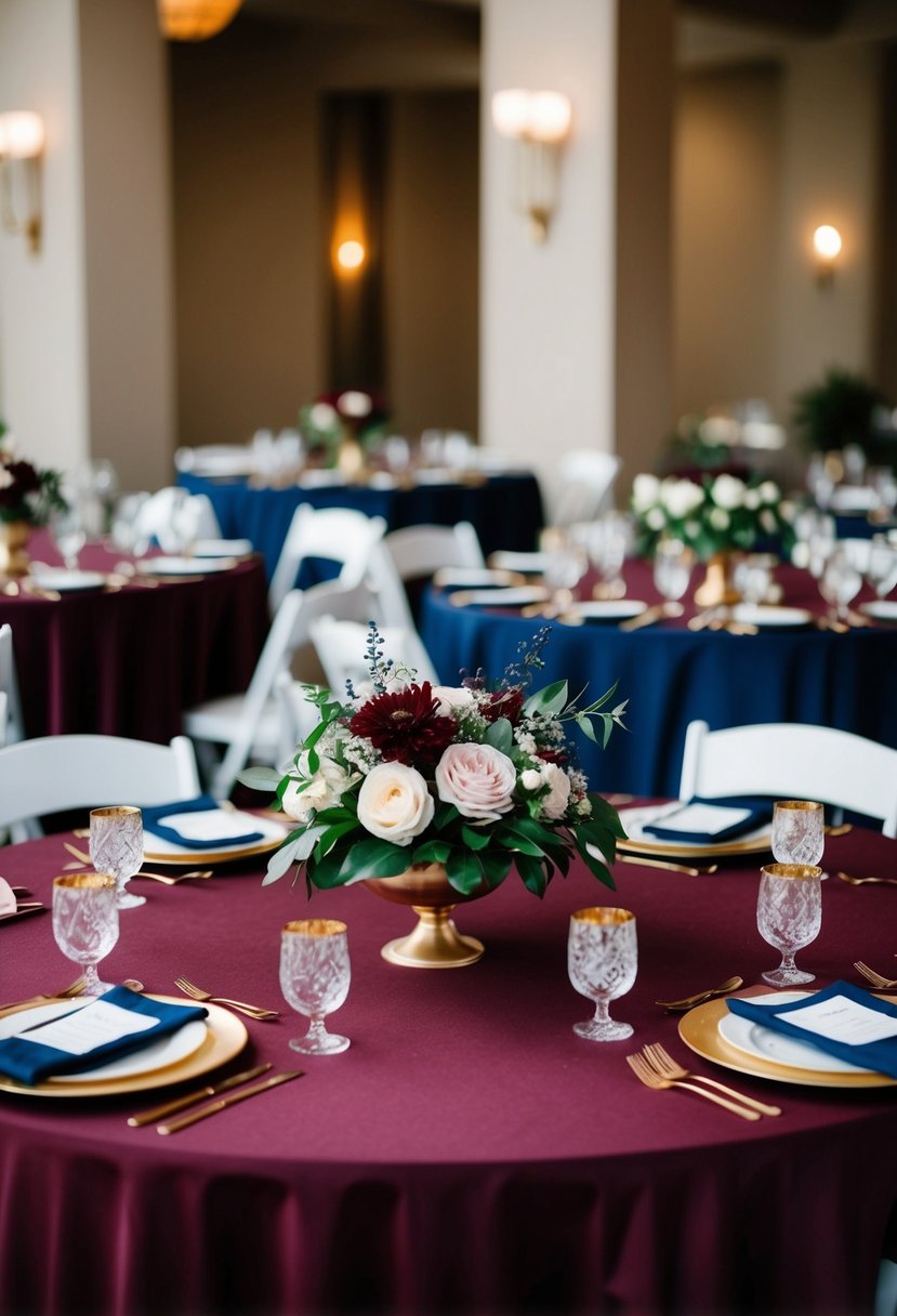 Burgundy and navy tablecloths with floral centerpieces and gold accents