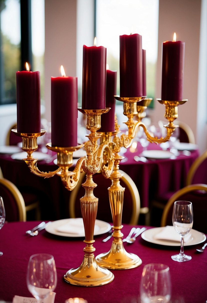 Golden candelabras hold burgundy candles, set on a rich burgundy wedding table