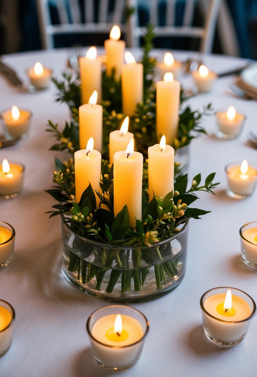 Small bud vases encircle a table, each holding a flickering candle. Ideal for wedding table decorations