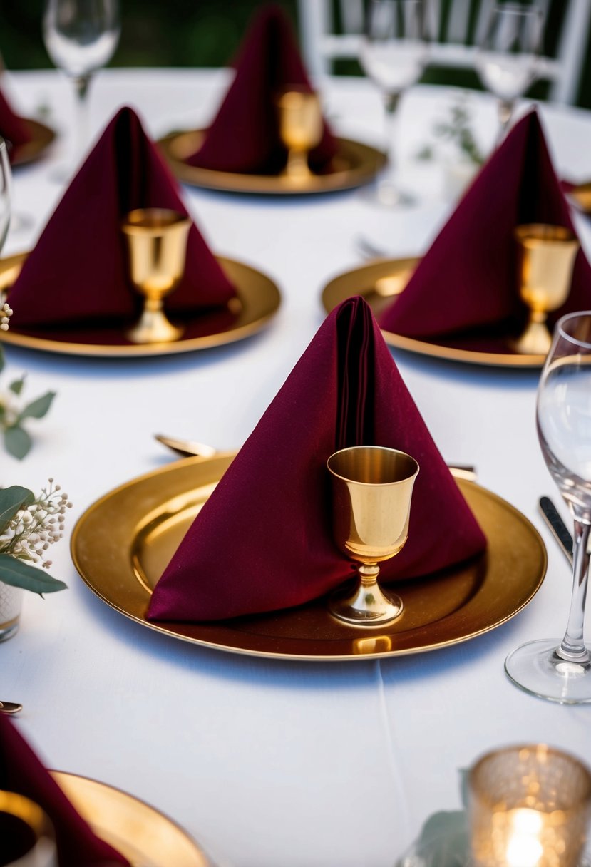 Burgundy napkins elegantly folded in gold holders adorn a wedding table