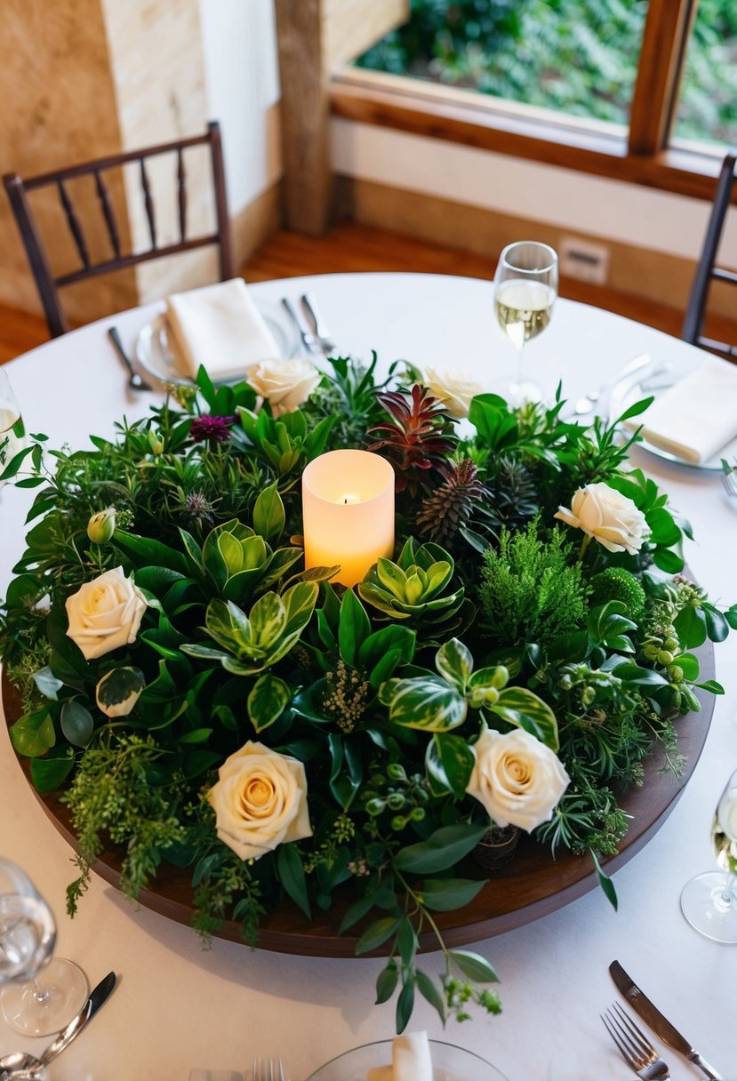 A circular table adorned with a lush, planted garden as a wedding centerpiece