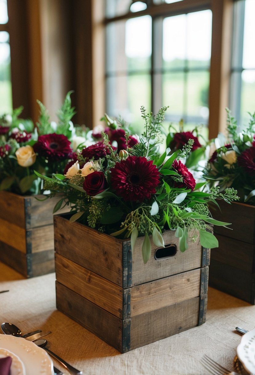 Vintage wooden boxes filled with burgundy flowers and greenery arranged on a rustic wedding table